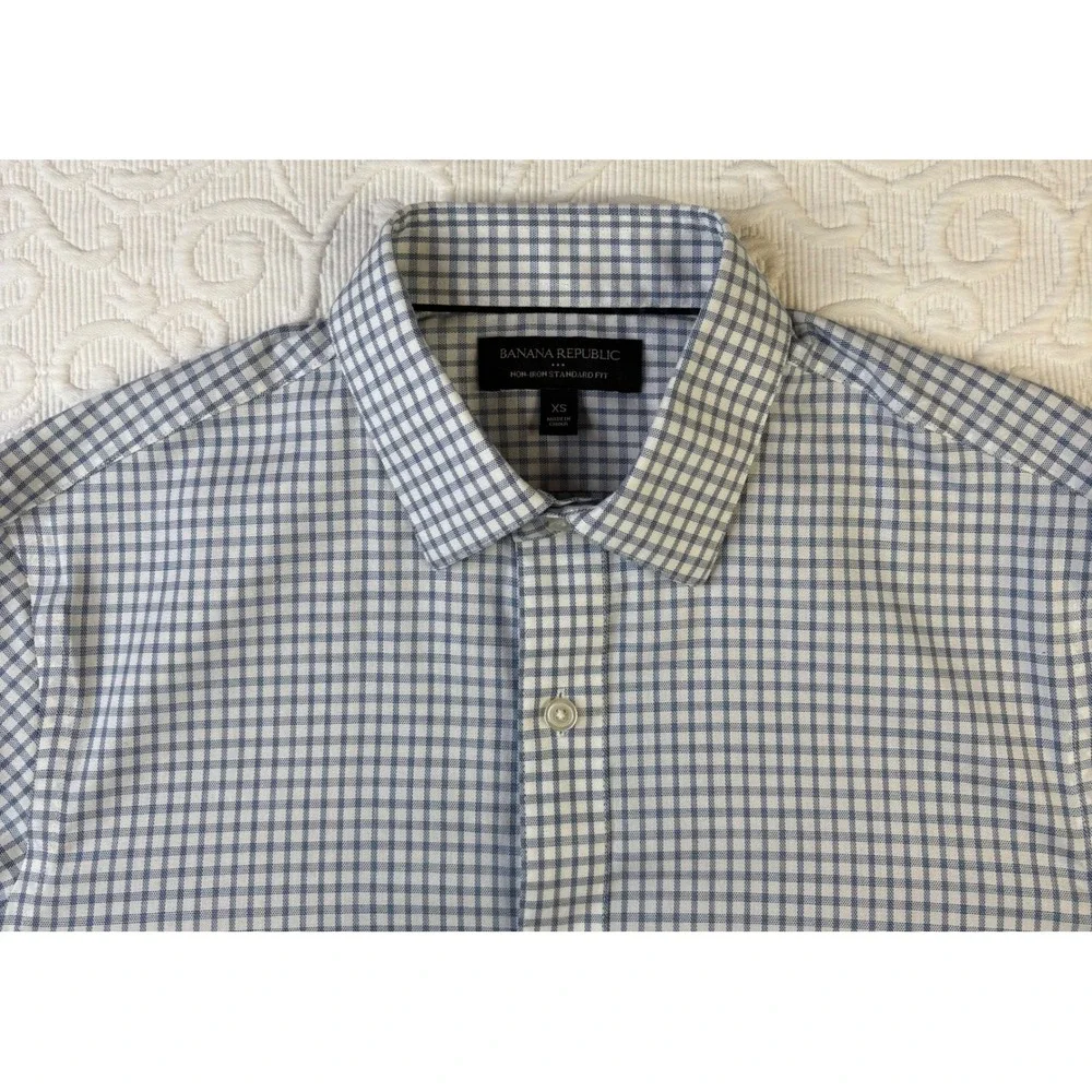 Banana Republic Men XS No-Iron Standard Fit Dress Shirt Blue White Gingham Check